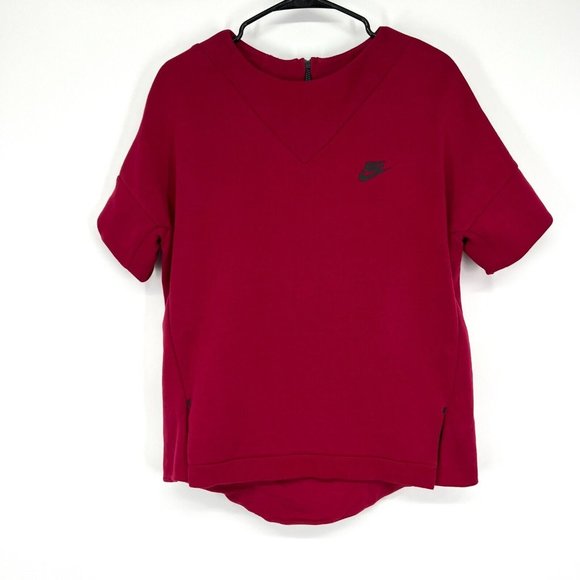 Nike Tech Top Fleece Crewneck Burgundy Short Sleeve - Picture 1 of 12